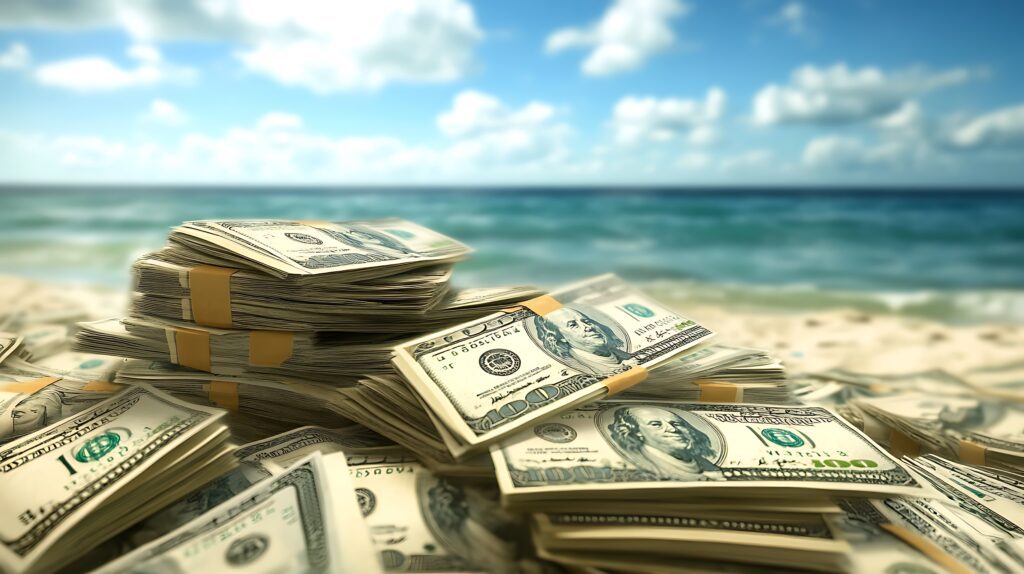 Stacks of Cash on a Beach: Money, Vacation, Luxury, Wealth, Financial Freedom